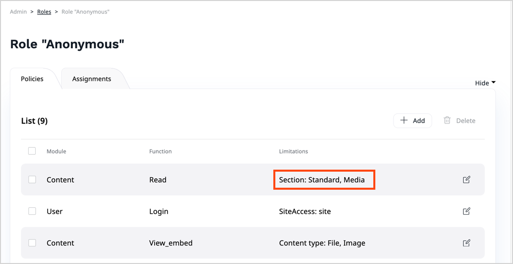 Policies for the Anonymous Role with Media section