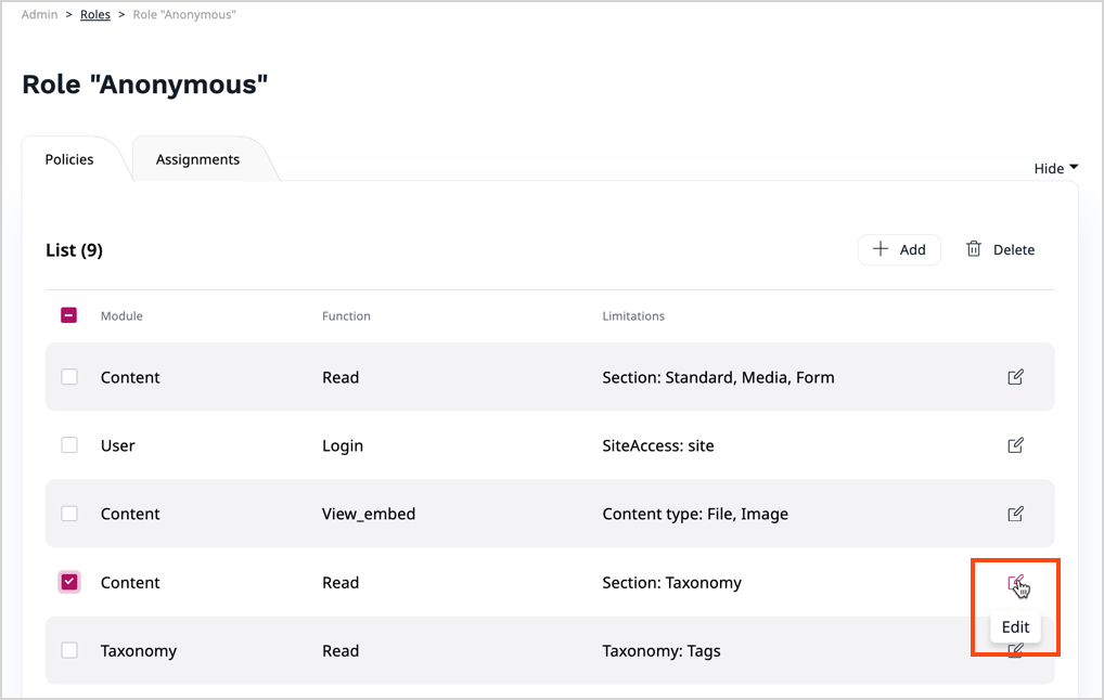 Policies for the Anonymous Role without Media section
