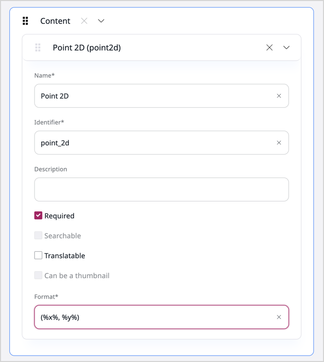 Point 2D definition with format field